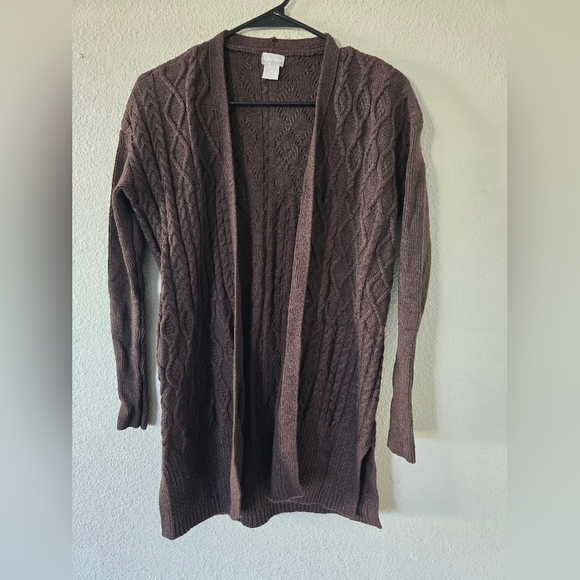 Chico's Cardigan Women SP Brown Long Sleeve Cable Knit Open Wool Cashmere - Picture 3 of 14
